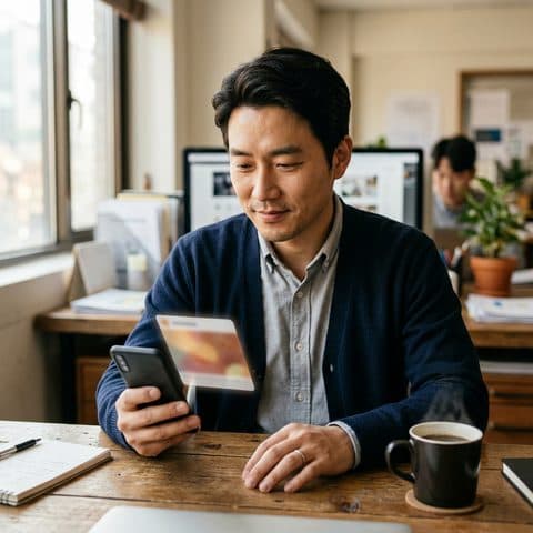 사무실 책상에서 휴대폰 알림을 확인하는 입찰 담당자