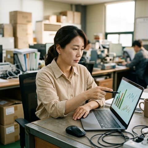 노트북의 막대 그래프를 펜으로 짚어 보는 대표