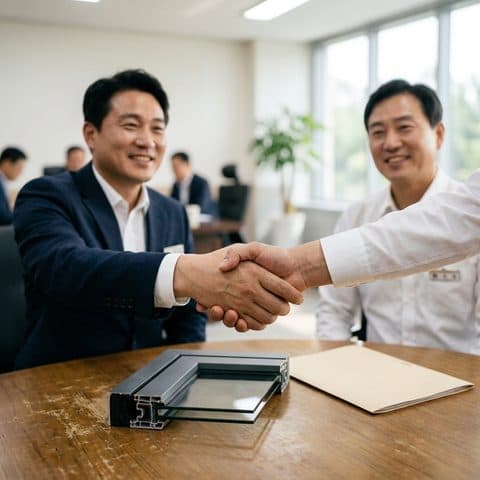 회의실에서 제품 견본을 두고 악수하는 두 사람
